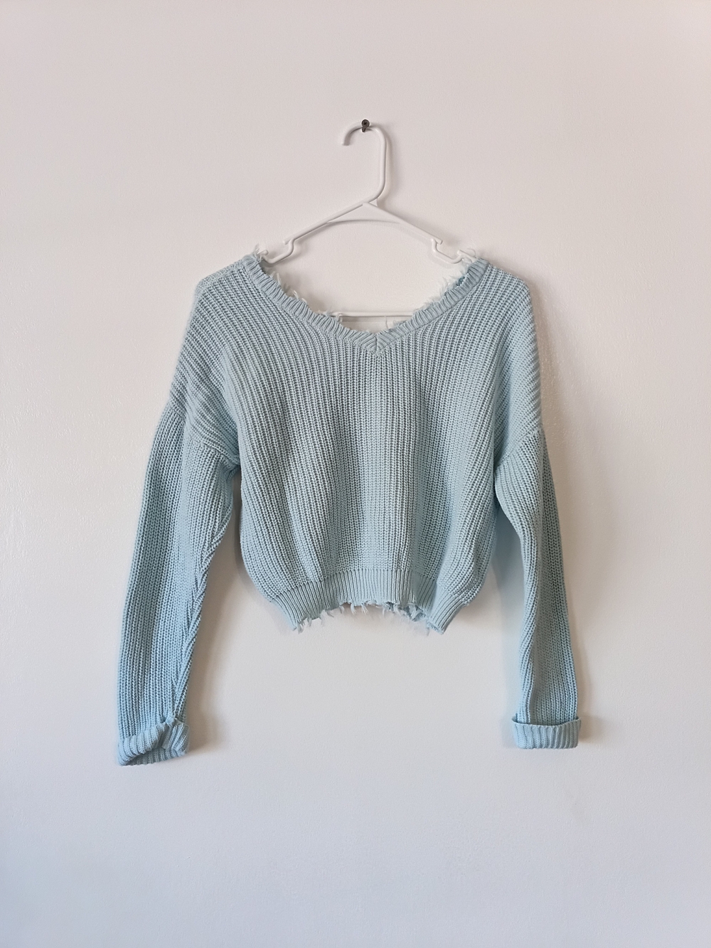 Jessica Simpson Light Blue Distressed Hem Cotton Knit Sweater Small V-Neck